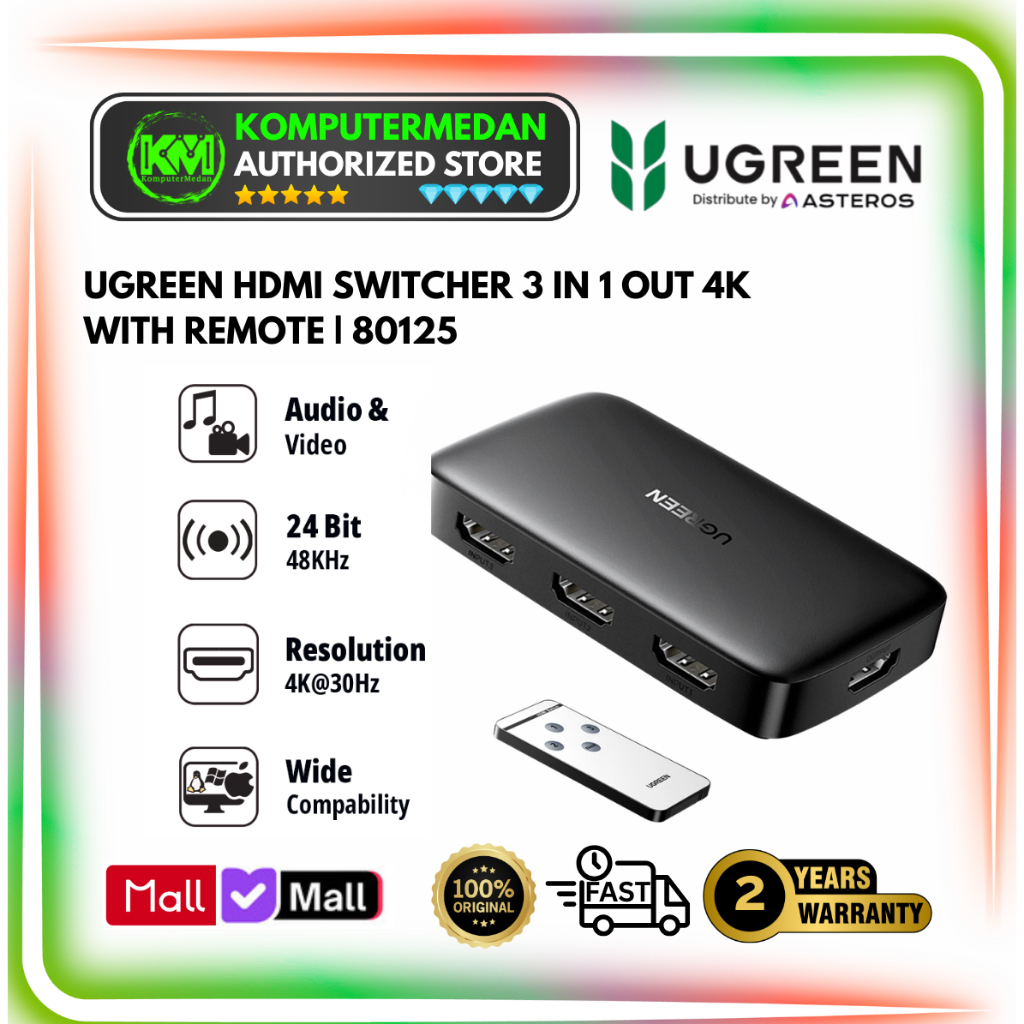 UGREEN HDMI SWITCHER 3 IN 1 4K 30HZ HDMI Switcher Splitter 80125