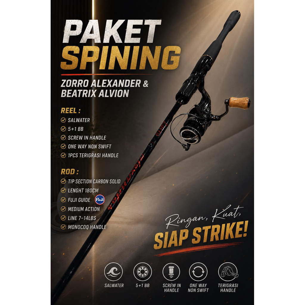 satu set spining joran zorro alexander & reel sw beatrix alvion 3000