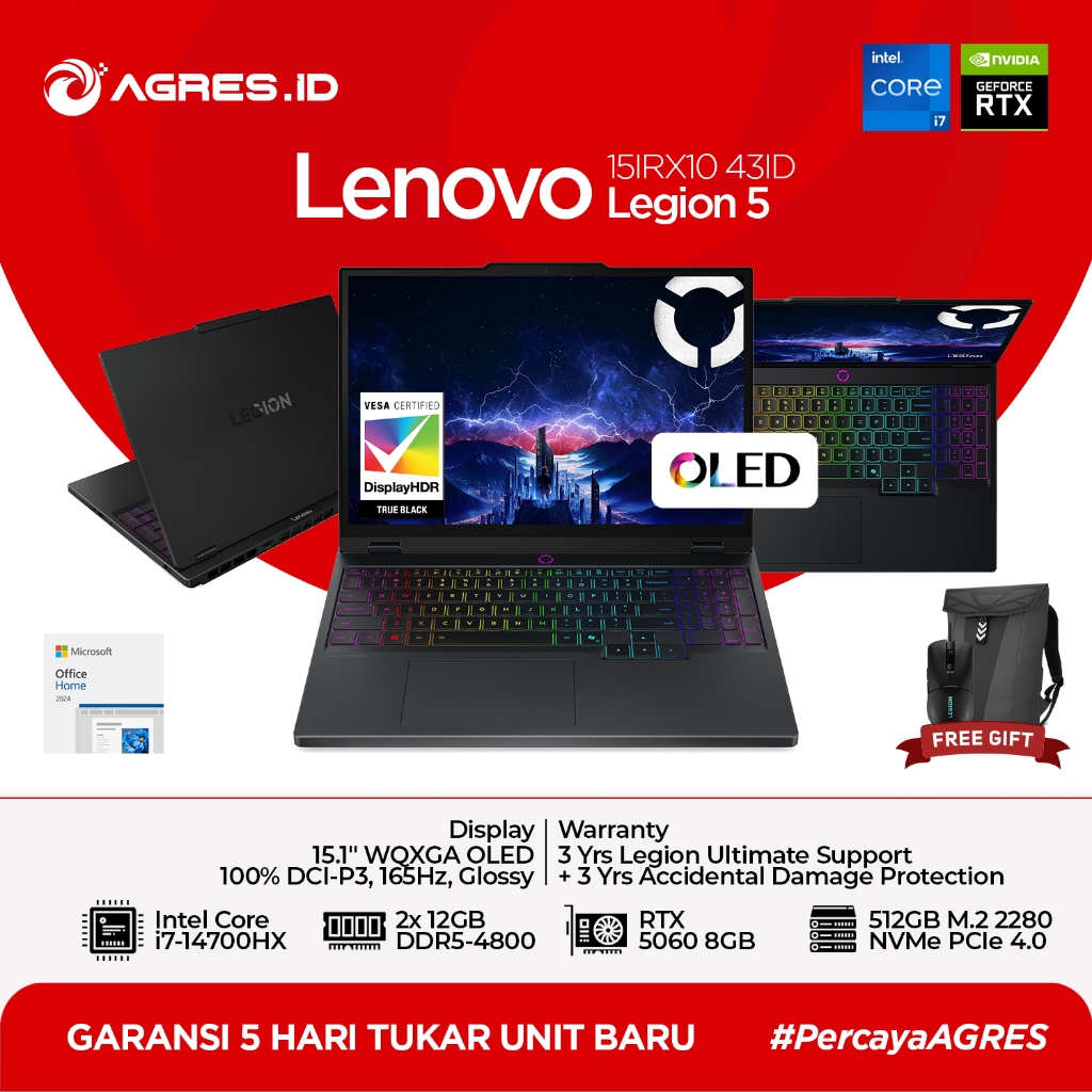 Lenovo Legion 5 15IRX10 RTX5060 OLED | i7 14700HX 24GB 512GB RTX5060 15.1 WQXGA 165HZ W11+OHS+M365B