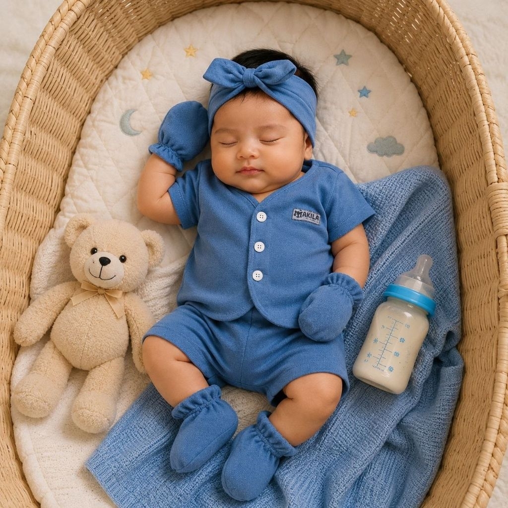 Swaddle Set Newborn Girl Bundle Bando Topi Baju Celana Sartaki Baby Baru Lahir Perempuan Denim