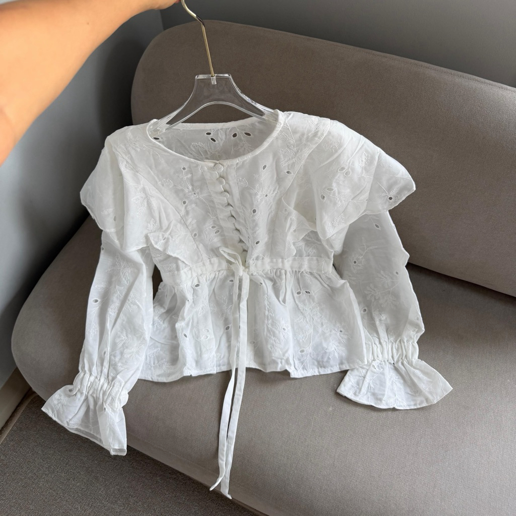 DRAWSTRING EMBROIDERY BLOUSE | blouse bordir wanita | Atasan bordir | Blouse Putih | Blouse Serut | 