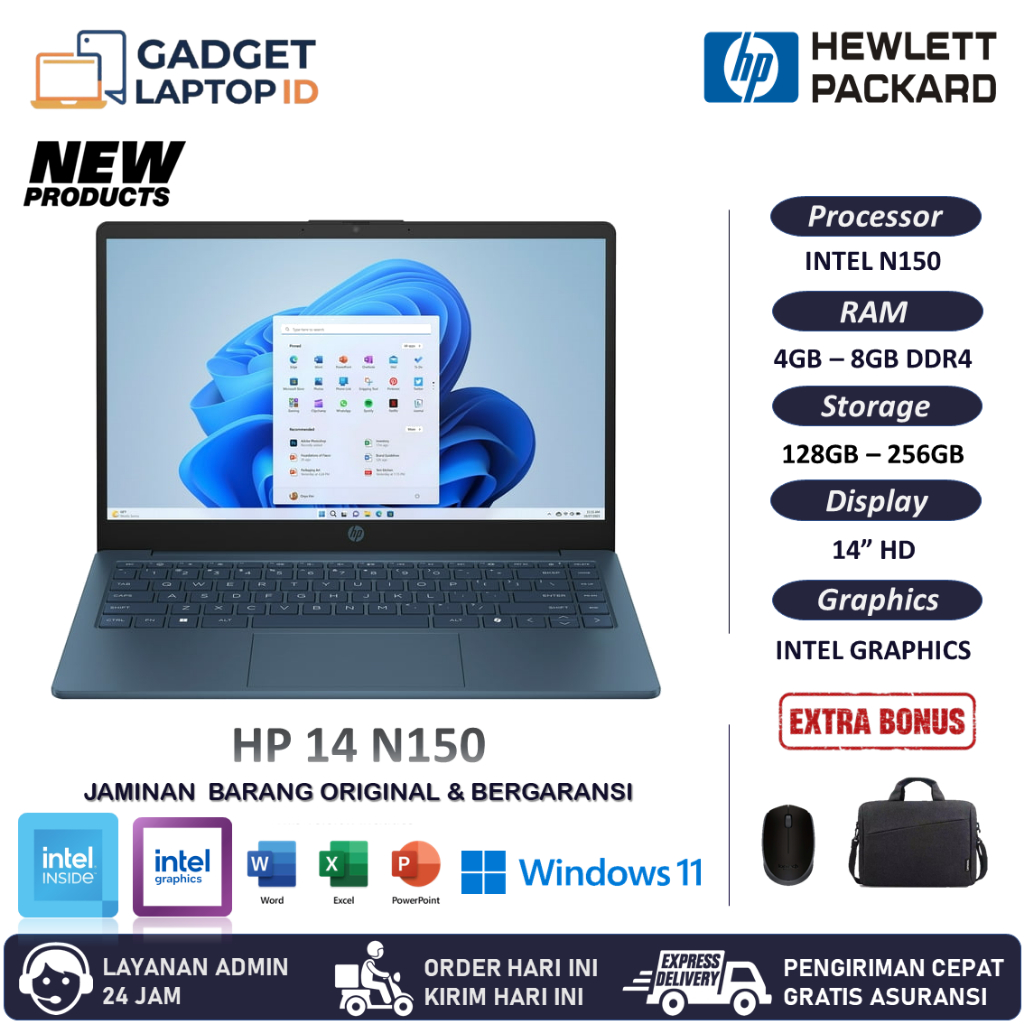 Laptop HP 14 Intel N150 RAM 8GB DDR4 384GB SSD 14 inch Windows 11 Home Office 2024