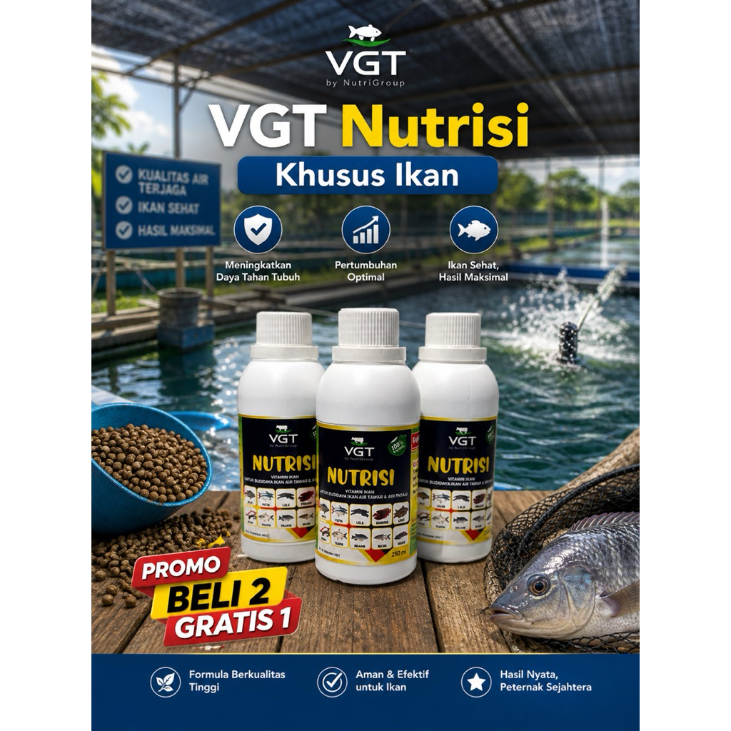 VGT nutrisi ikan perikanan vitamin probiotik pertumbuhan pembibitan pendederan pembesaran lele tawes