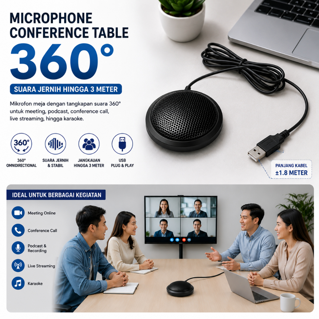 Microphone Conference Metting Rapat High Sensitivity 360 Derajat USB Plug Meja Meeting Zoom Google M