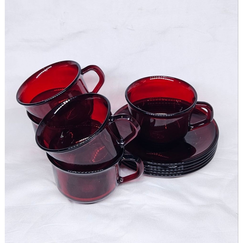 5pcs Arcoroc France Vintage Red Ruby tea cup Antik jadul