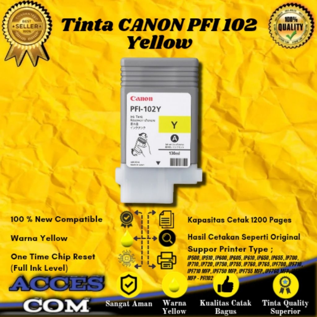ACC" Compatible Cartridge Tinta Canon PFI 102 Yellow Printer iP500, iP510, iP600, iP605, iP610, iP65