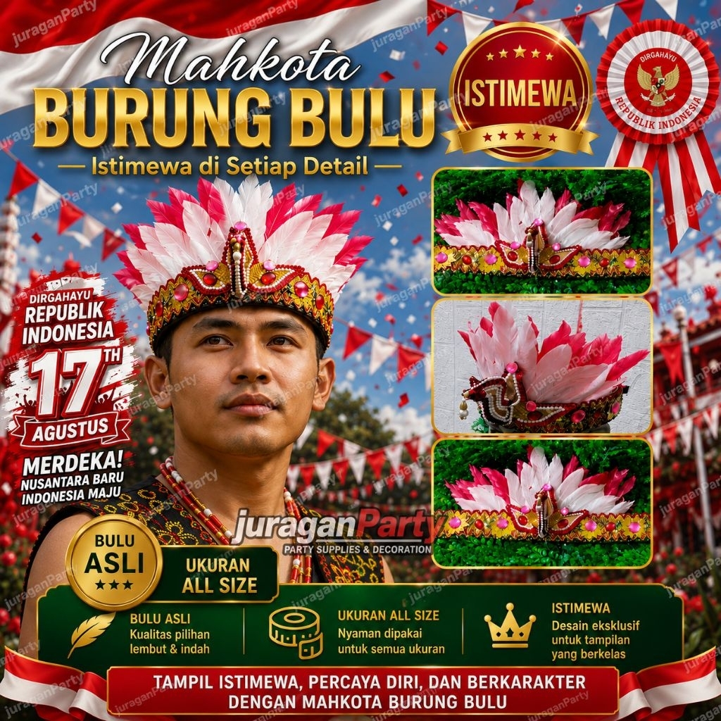 (Design Istimewa)Mahkota Bulu Merah putih Agustusan, Aksesoris Bando bulu merah putih,Bando Bulu Asl
