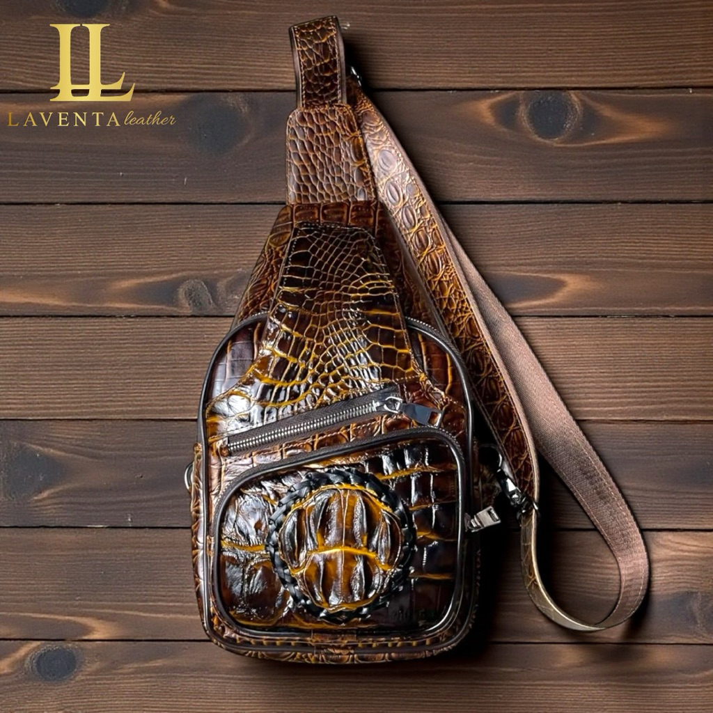 LAVENTA LEATHER | Tas Slempang Waistbag Pria Kulit Buaya Asli Kombinasi Kulit Sapi