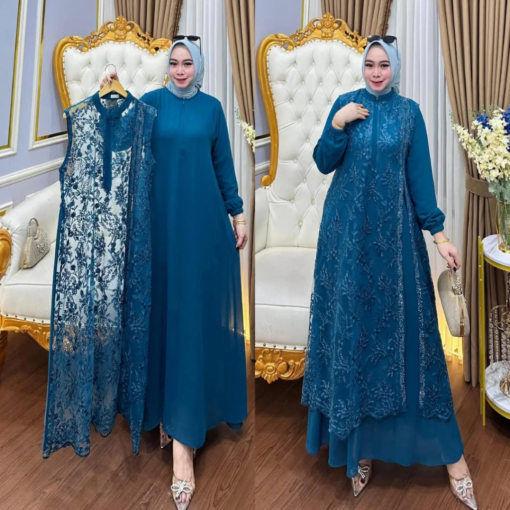 Nazila Dress Gamis Emerald Ceruti Mix Brukat Mewah Elegan Gamis Inner Outer Lepas Pasang Swarovski