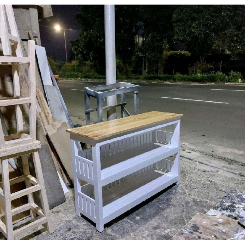 MEJA RAK DAPUR 3 SUSUN KAYU JATI BELANDA