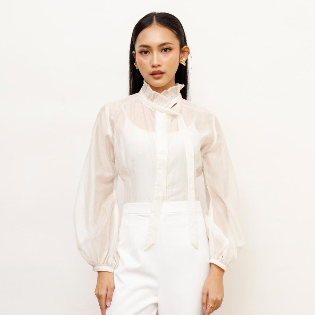 Melvee - Caela Top - Atasan Wanita Kemeja Putih Lengan Panjang Inner Sheer Top Terbaru