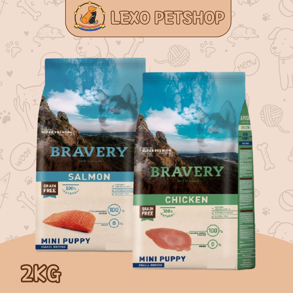 BRAVERY MINI PUPPY 2Kg Small Breed - Makanan Anak Anjing Rasa Salmon Chicken Kering / Dry Dogfood Gr
