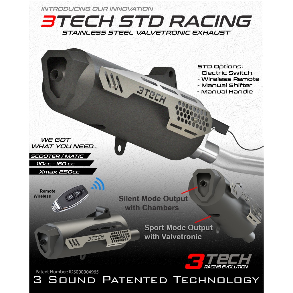 Knalpot 3tech STD untuk matic 110-160cc 3 suara stainless Steel beat, Mio, Nmax, Aerox, Scoopy all M