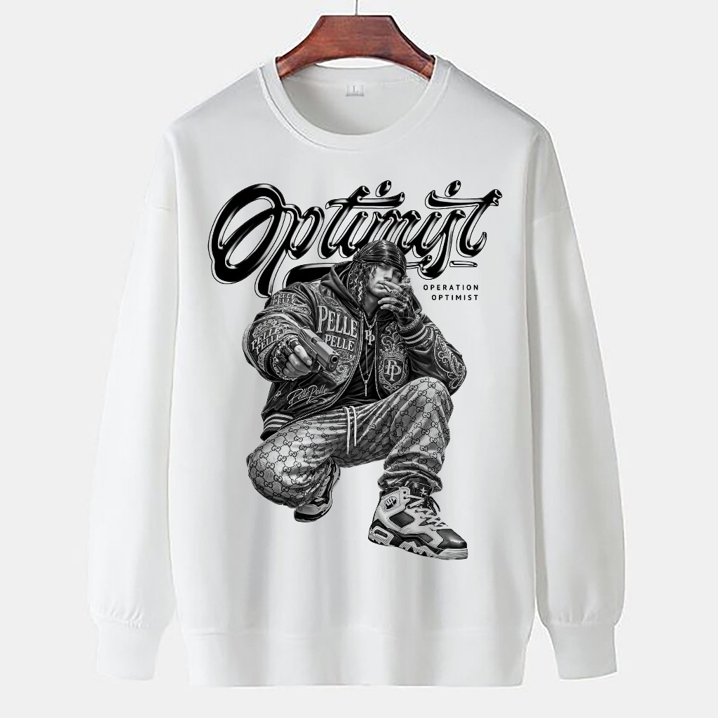 Sweater Pria Crewneck, Bahan Babyterry, Sablon Plastisol, Optimis