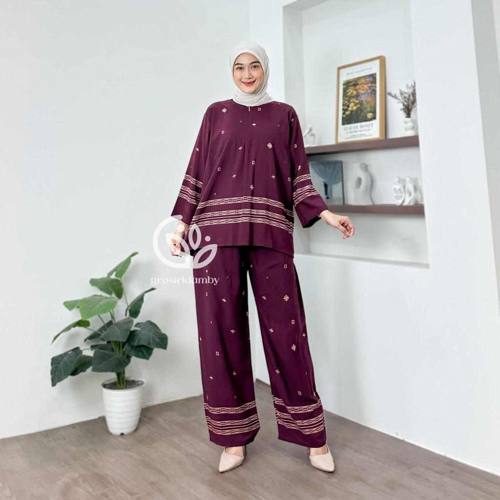 One Set Kenari Rayon Premium Busui Sleting Setelan Wanita Atasan Bawahan Celana Panjang Batik Lukis 