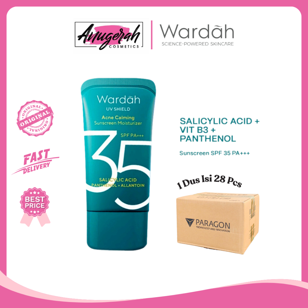 [Paket Usaha 1 DUS ISI 28 PCS] Wardah UV Shield Acne Calming Sunscreen Moisturizer SPF35 PA++++ 35ML