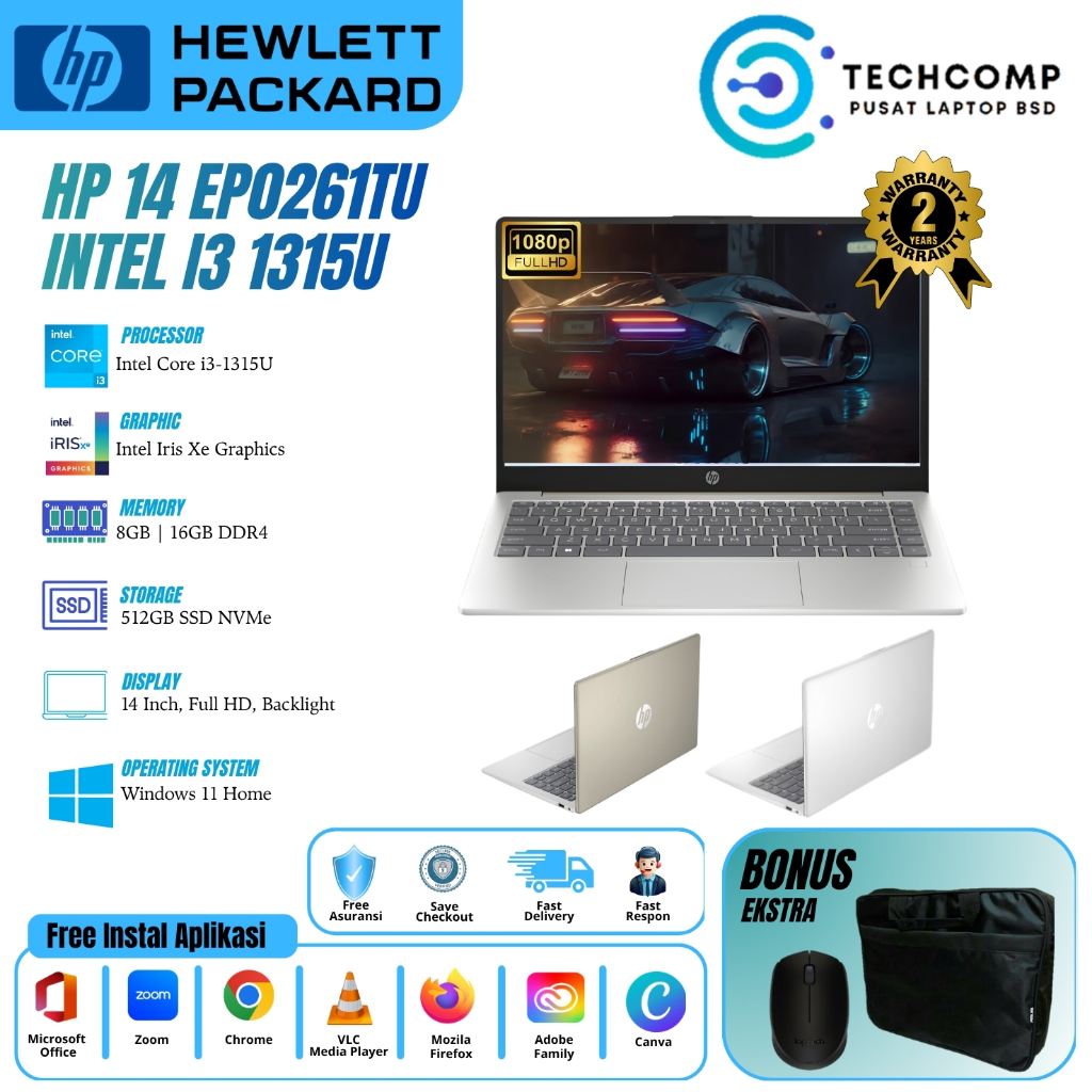 Laptop HP 14 EP0260TU Core i3 1315U 8GB 512GB 14" FHD BL Win11Home + OHS Garansi Resmi Ori