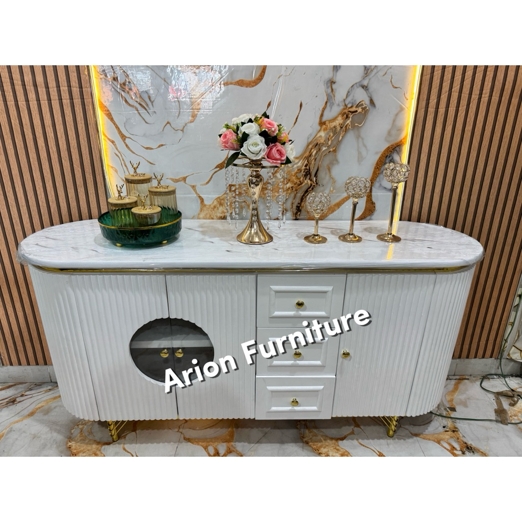 Bufet tv oval/meja tv oval kaki besi gold/meja tv bulat/meja tv kapsul/ Meja tv konsul/Bufet list go