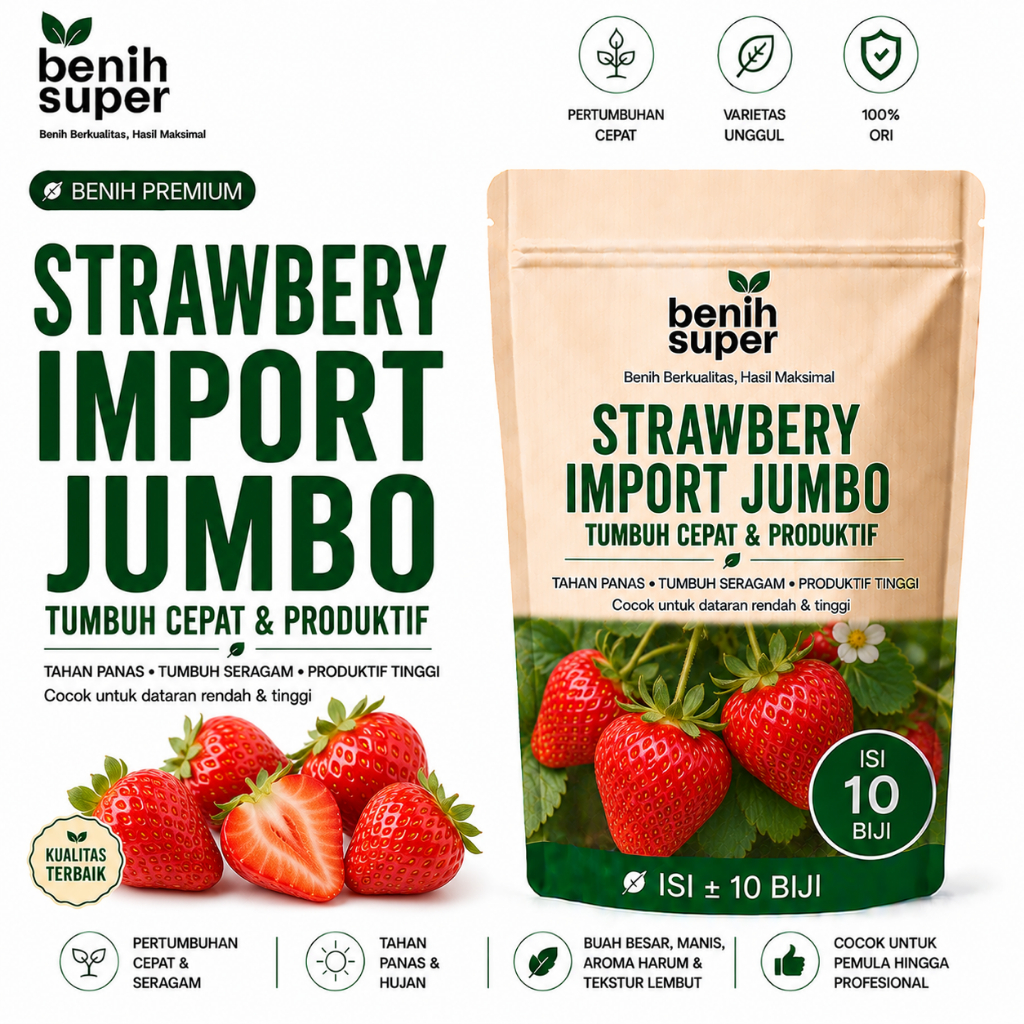 Benih Super 10 Biji - Benih Strawberry Merah JUMBO - Bibit Stroberi Unggulan - Benih Buah Strawberi 