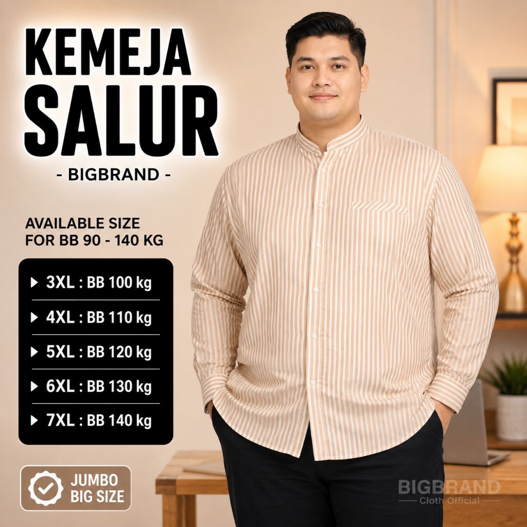 Kemeja Pria Jumbo Lengan Panjang Hem Salur Stripe Garis garis Kerah Shanghai