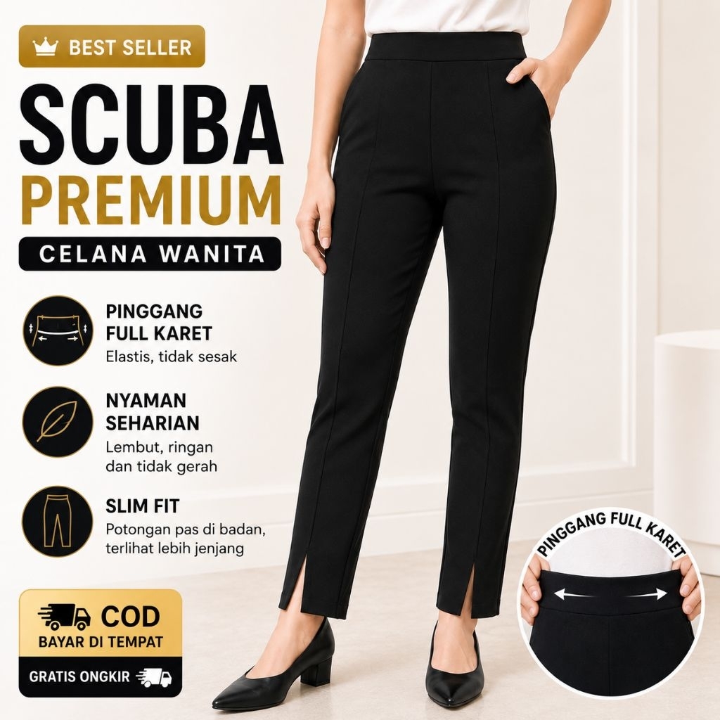 M-4L Celana Slit Celana Scuba Celana Panjang Hitam Celana Jumbo Celana Kulot Cullotes Pants - Basic 