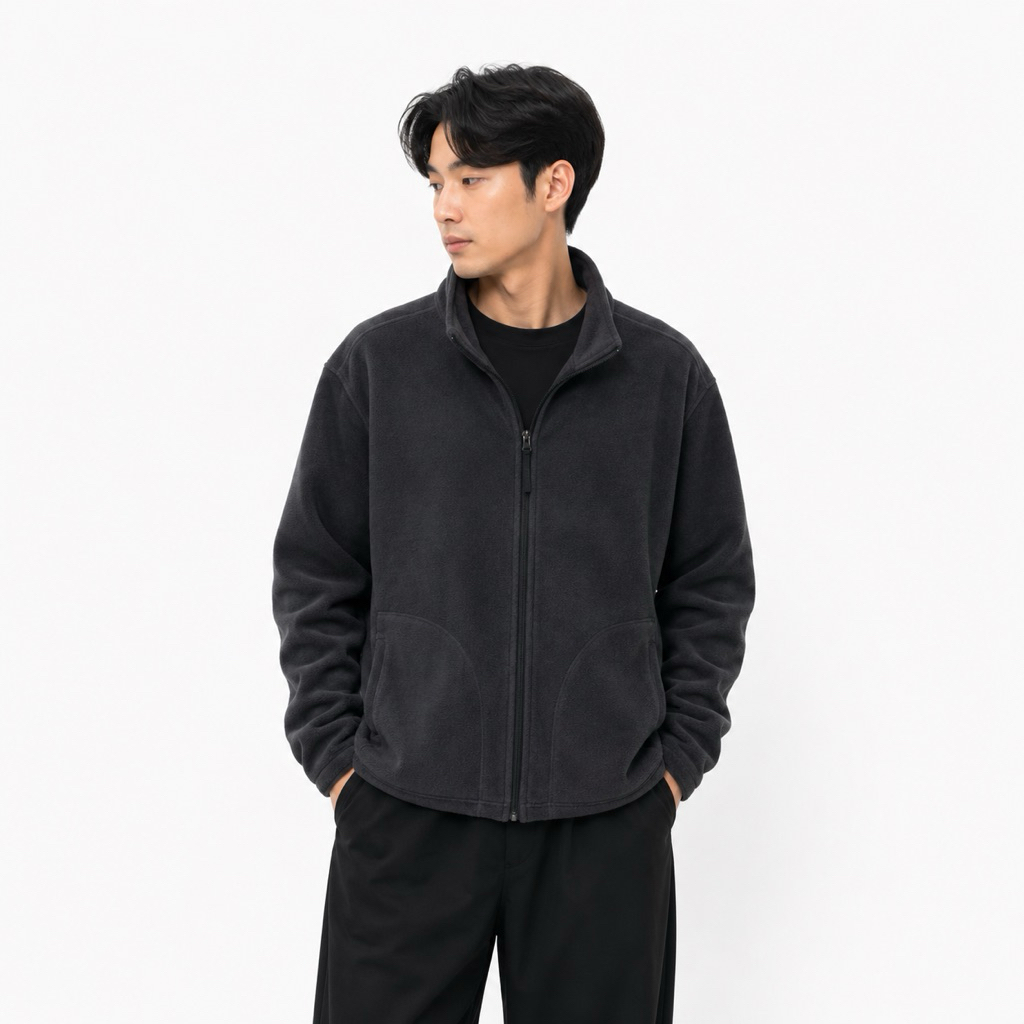 Jacket Casual Ziper Tracktop Uniqlo Fleece Polar Tech Dark Grey Original - L XL