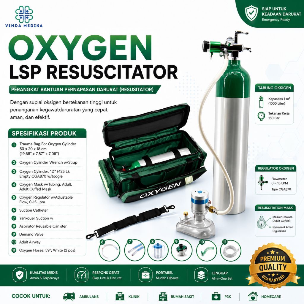 Tabung Oksigen Portable 1m3 1000 Liter LSP Resuscitator Set Lengkap Emergency Medis Ambulance Homeca