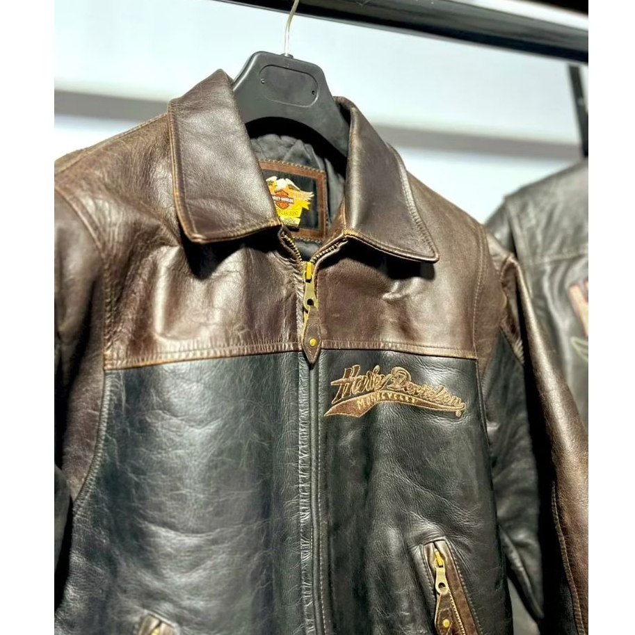Vtg Harley Davidson Two-tone Horsehide Leather Varsity Jacket X Jaket Kulit Levis Avirex Baseball RB