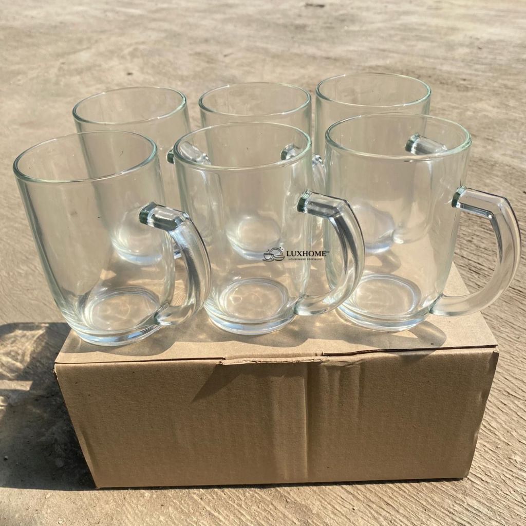6 PCS Gelas Kaca Bening-Gelas Kaca Besar-Gelas Gagang Minum-Gelas Es Warung 420ml