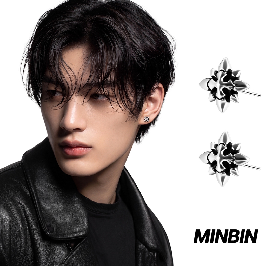 MINBIN Anting Tusuk Pria Silver Look Motif Salib Bintang Bahan Tembaga Anti Karat Streetwear Goth Ke