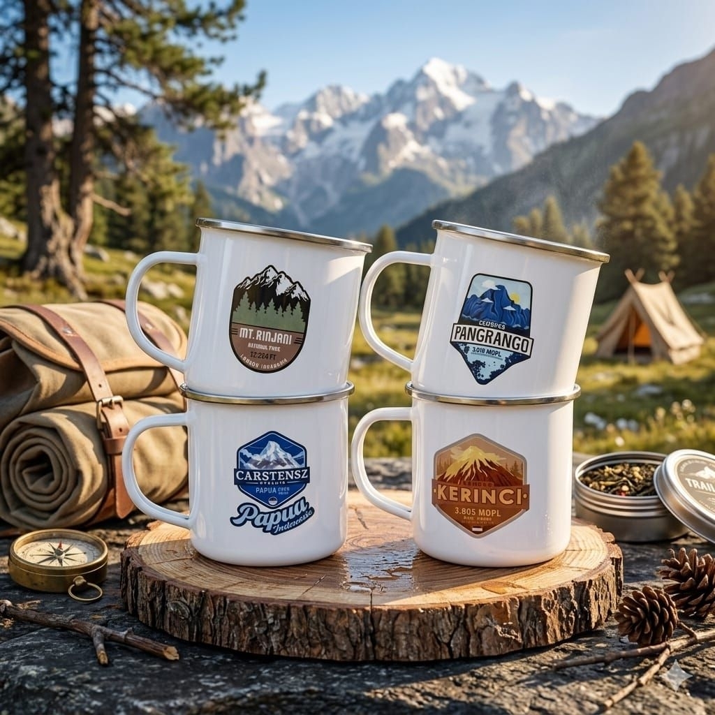 Gelas mug enamel stainless steel edisi gunung Indonesia Rinjani Semeru alam puncak gunung pantai pem