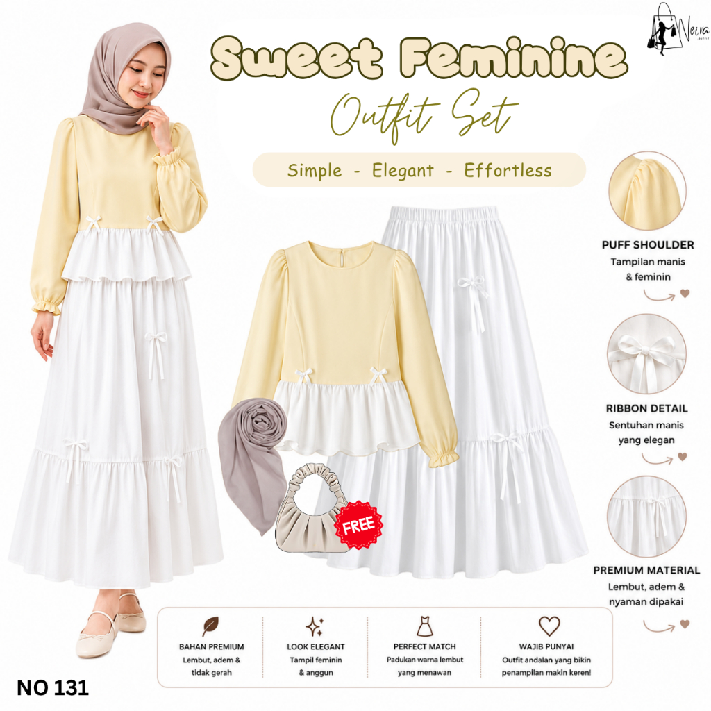 Neiraoutfit | Setelan Wanita Kekinian Bouse Kuning Balon Top Rok Susun Pita Ribbon Soft 4in1| NO 131