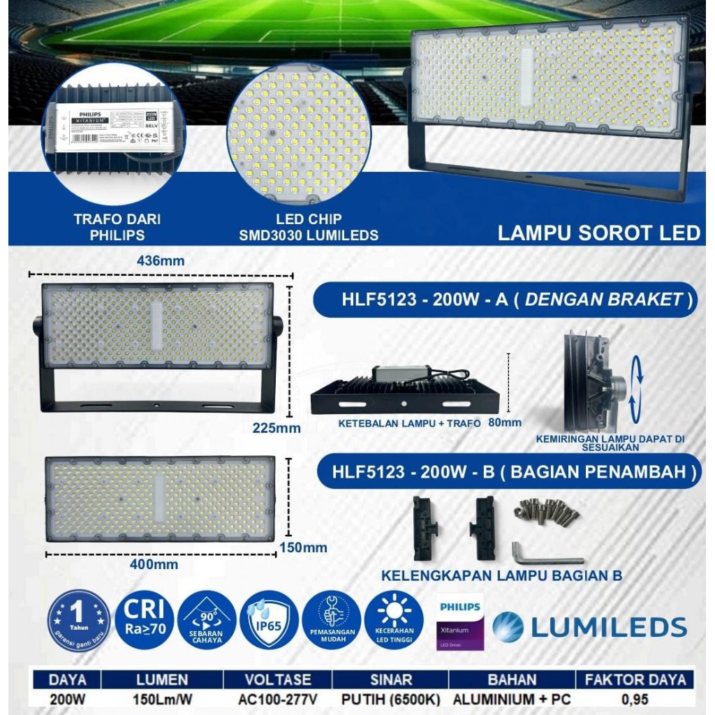 Lumileads Lampu Sorot LED 200W HLF5123 dengan Chip SMD3030 & Trafo Philips untuk Outdoor CRI Ra>70 I