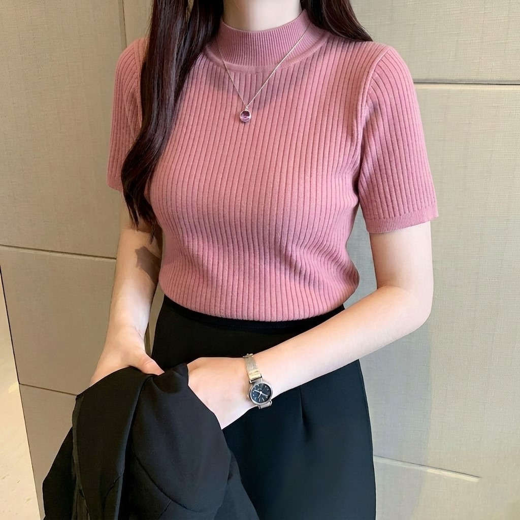 Atasan Rajut Cewek Wanita Turtleneck Leher Tinggi Lengan Pendek