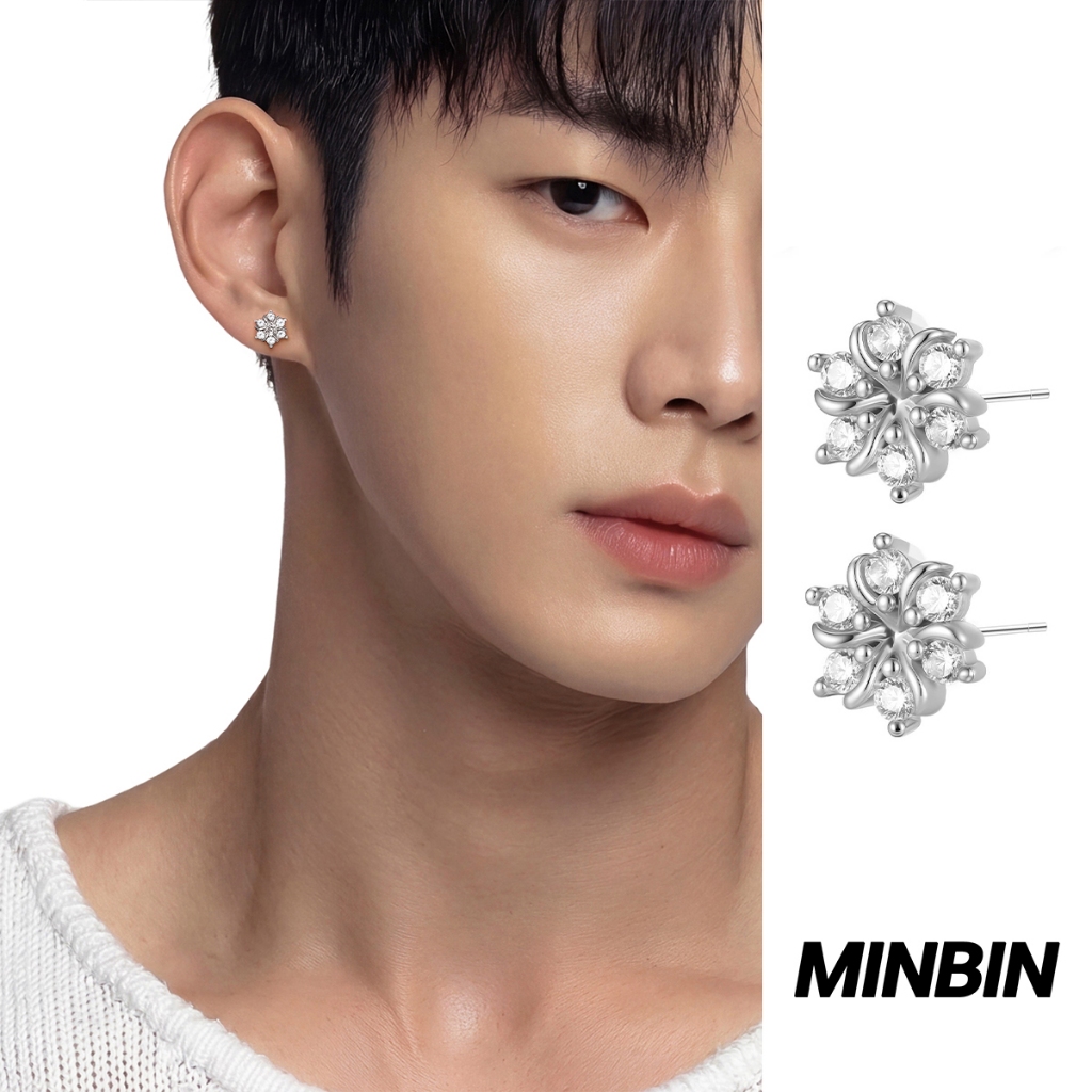 MINBIN Anting Tusuk Pria Bunga Kristal Zirkon Silver Look Bahan Tembaga Anti Karat Elegan Keren