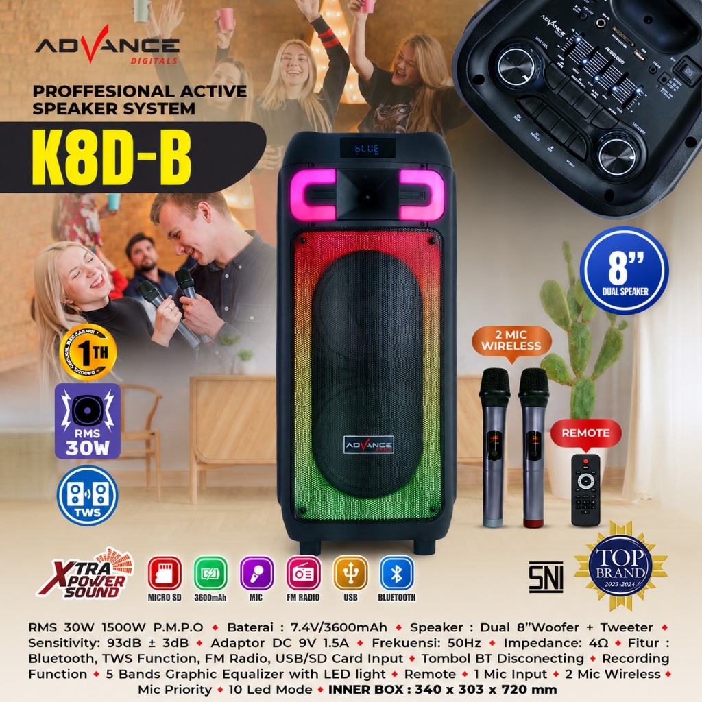 Advance K8D-B Speaker Karaoke Bluetooth 8 Inch 30W Super Bass Dual Woofer 2 Mic Wireless Lampu RGB