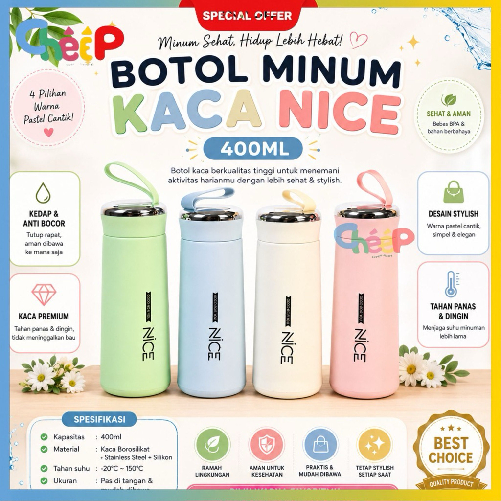 BOTOL KACA NICE / NICE DAY NEW VIRAL Botol minum Nice Import 400ml Botol Minum Kaca Bening Termos Ni