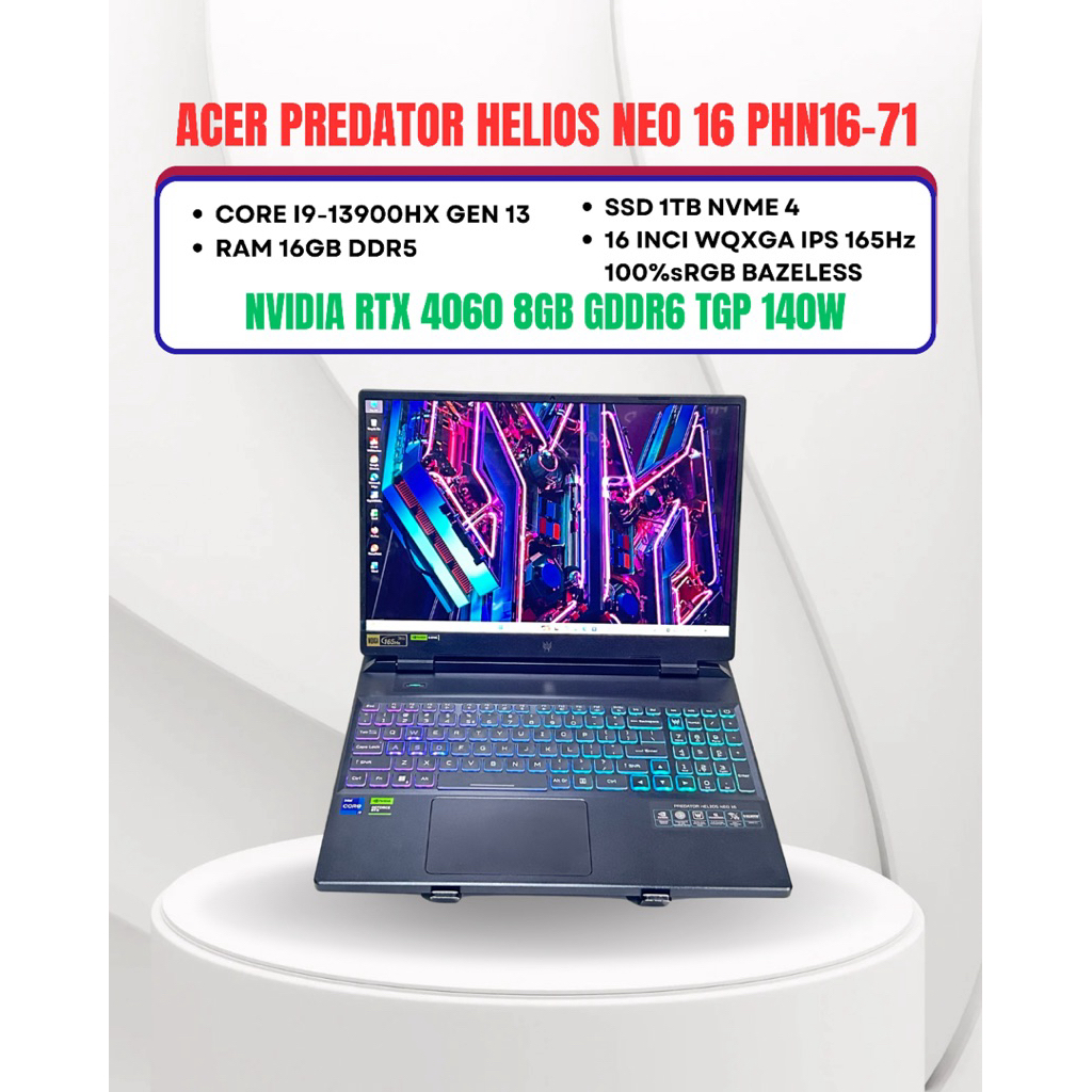 ACER PREDATOR HELIOS NEO 16 PH16-71 CORE I9-13900HX NVIDIA RTX 4060 RAM 16GB SSD 1TB 16inci WQXGA IP