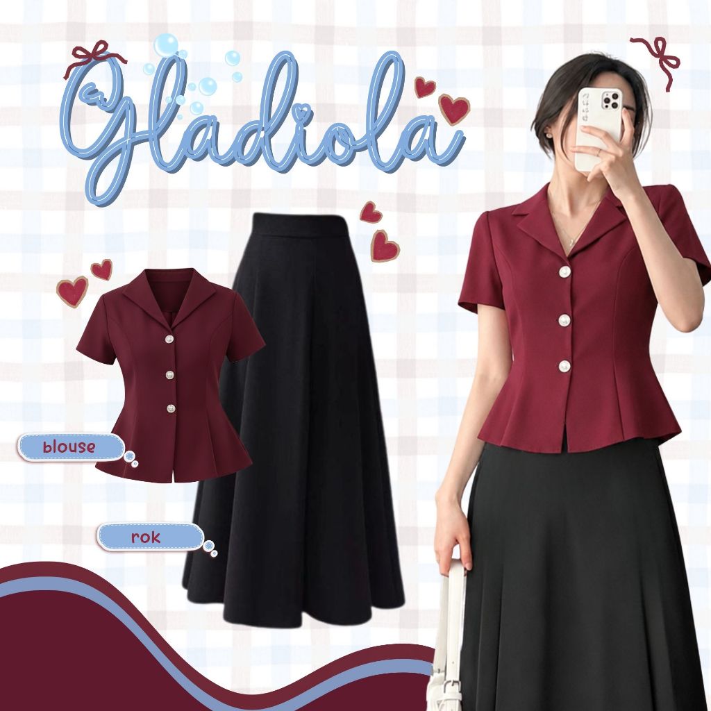 Setelan Wanita (Blouse Maroon Karla, Rok Polkadot, Rok Pendek, Rok Duyung, Rok Flowy) Oneset Maroon 