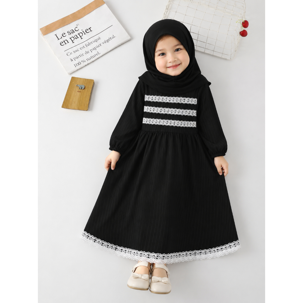 Gamis Anak Muslimah Polos Renda Putih + Hijab Pashmina