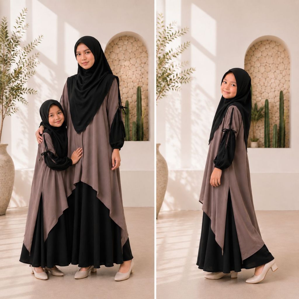 Sarimbit MAHIRA Set Rok Syari Couple Ibu dan Anak Bahan Crinkle Airflow Premium dengan Pita Manis di