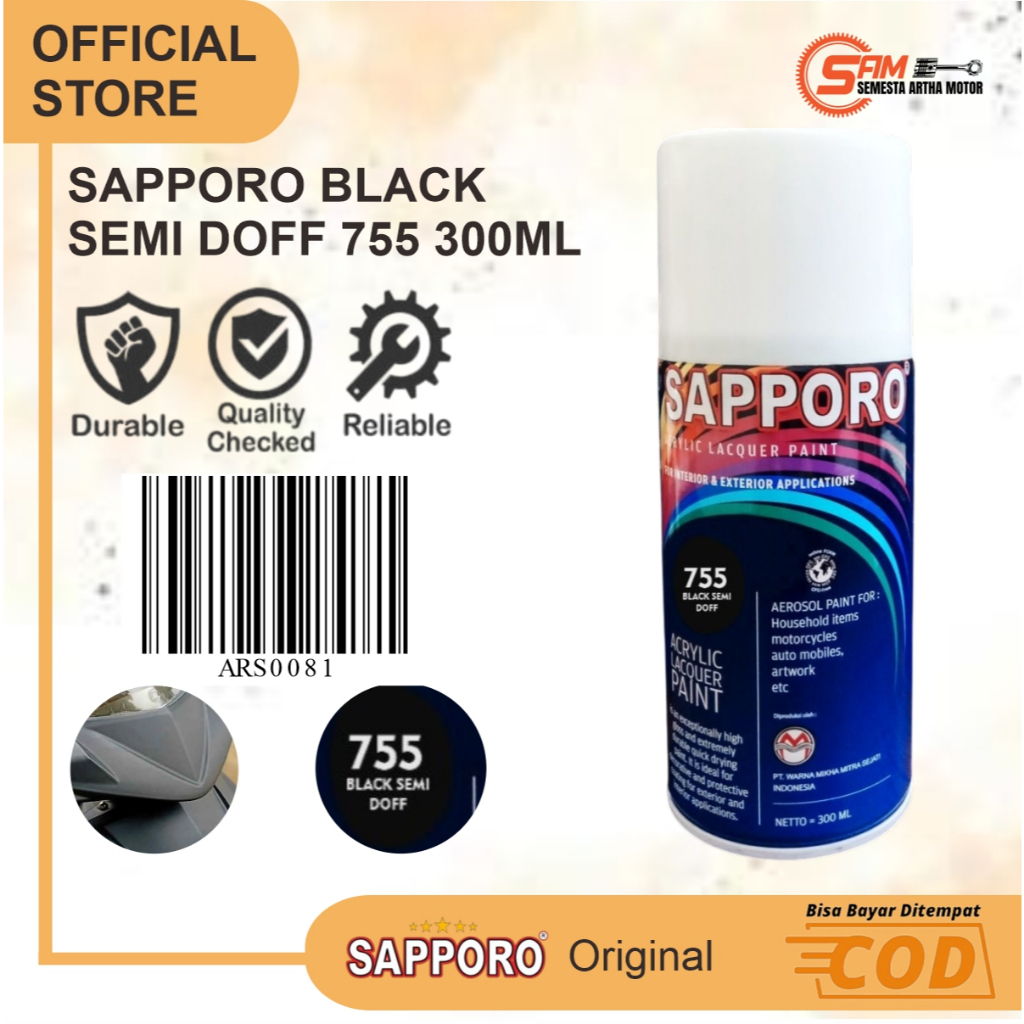 Cat Semprot Sapporo 755 Black Semi Doff Colour Spray Warna Hitam Doff Pilox Pernis