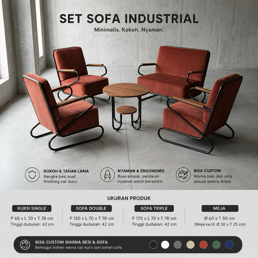 Sofa Art Deco Vintage 60an | Kursi Tamu Retro Industrial | Sofa Cafe Besi Cat Duco