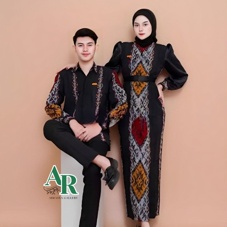 Set Baju Batik Couple Tenun Pasangan Gamis Wanita Kemeja Pria Hitam Marun
