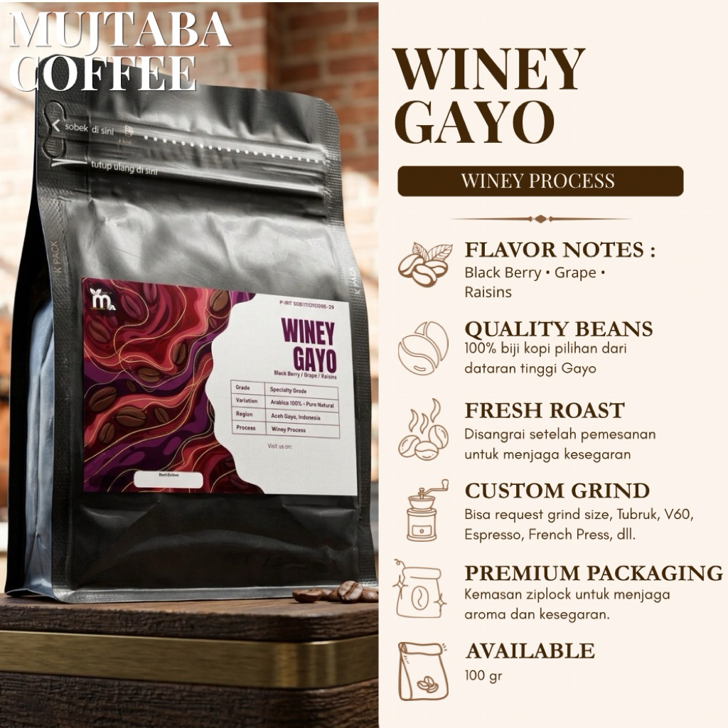 Mujtaba Coffee Winey Gayo 100gr – Arabica Wine Process Fresh Roast Specialty Coffee