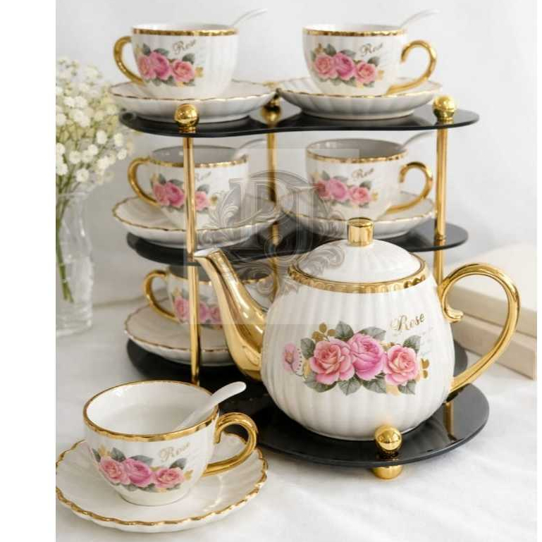 Tea Set Cangkir & Gelas Kopi Teh dengan Rak Set Cangkir Teko Keramik Elegan & Estetik AG-822
