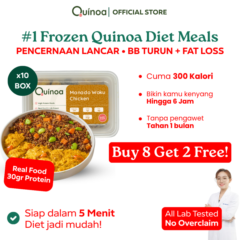 QUINOA GO Paket [Buy 8 Get 2 Free] Makanan Diet Sehat 300 Kalori - Frozen Meal Prep High Protein & F