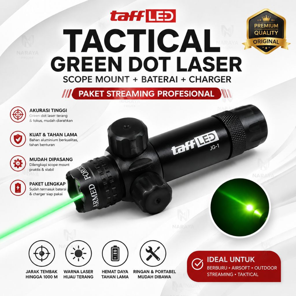 TaffLED Tactical Green Dot Laser JG-1 Original – Scope Mount + Baterai + Charger