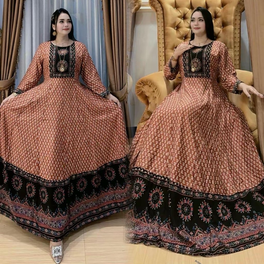 dress wanita gamis Hindi terbaru full motif katun rayon tuwil