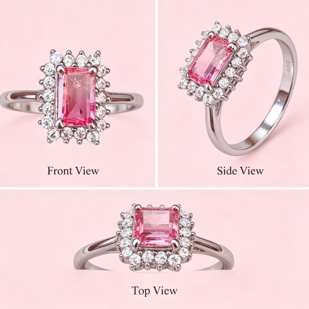 Pink Emerald-Cut Halo Ring